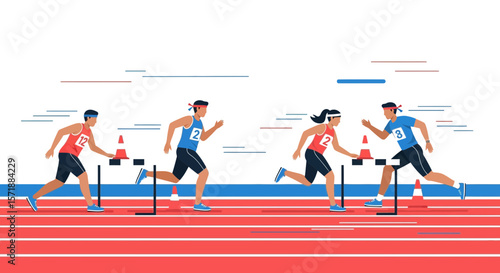 Athletes Preparing For Hurdle Race With Orange Cones On Track Field