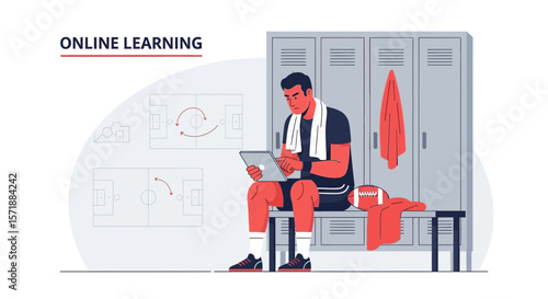 Athletic Coach Learning Strategy With Tablet After Training In Locker Room