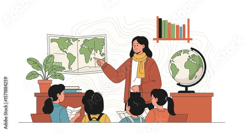 Geography Class With A Teacher Explaining World Map To Students In School