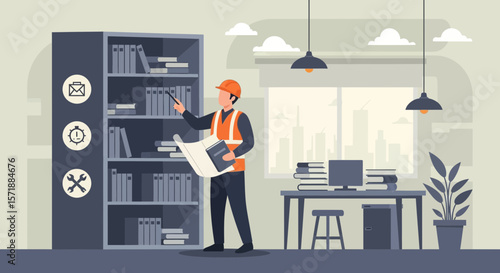 Engineer Inspecting Blueprint Plans In Office Work Space Background With Skyline View