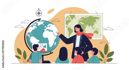 Geography Lesson With Teacher Showing World Globe To Children Students
