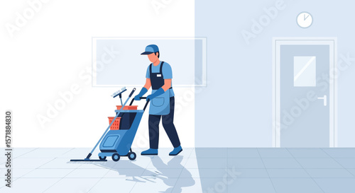 Dedicated Janitor In Uniform Cleans Hallway With Cart And Professional Equipment