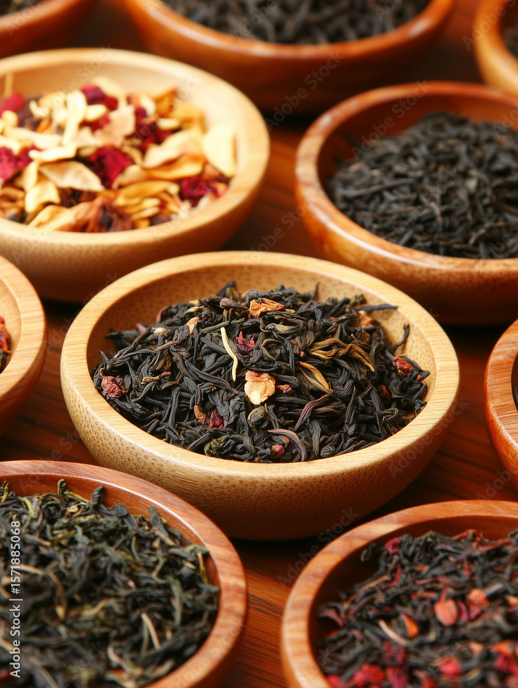Various flavors of dried tea leaves resting in wooden bowls Various flavors of dried tea leaves resting in wooden bowls