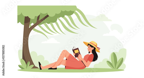 Girl Enjoying Relaxing Time Reading a Book Under a Tree in Summer Day