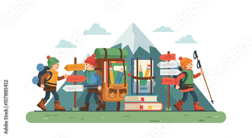 Backpackers Exploring Directional Signs With Study Gear During Summer Vacation Hike