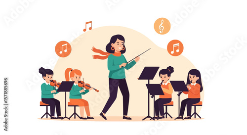 Ensemble Rehearsal Orchestra Conductor Leading Musicians In Harmony And Musical Education