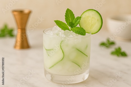  A Coconut Cucumber Cooler in a short glass with crushed ice, cucumber ribbons, and mint. The drink is milky white and elegantly styled on a marble surface with soft natural light