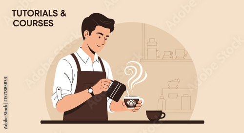 Barista Training: Man Pouring Coffee for Tutorials and Courses Illustration