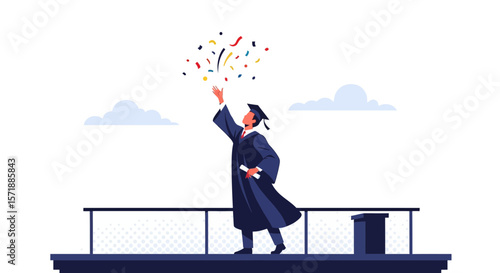Graduate Celebrating Academic Success With Confetti Shower On Graduation Day