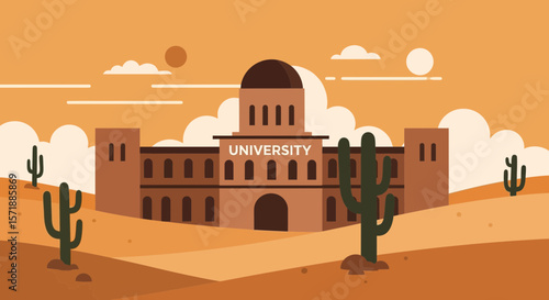 Desert University Campus Scene With Cacti And Clouds During Sunset Illustration