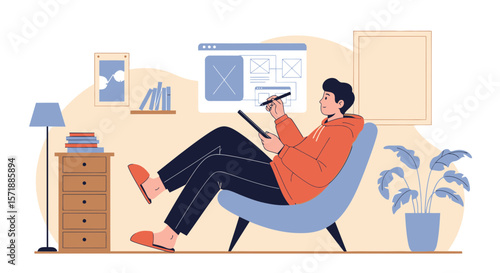 Designer Working On Interface Layout From Home In Relaxing Cozy Atmosphere Illustration