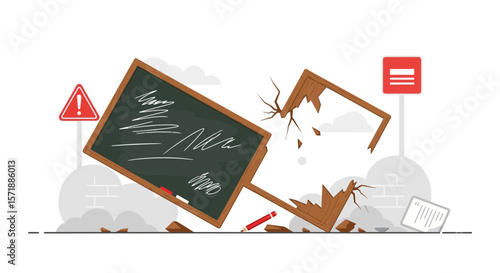 Devastation Of School Classroom With Destroyed Blackboard And Fallen Furniture