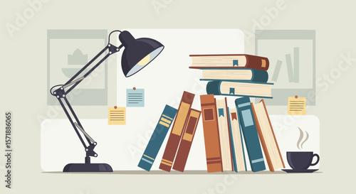 Comfortable Study Desk With Stack Of Books And A Cup Of Coffee For Inspiration