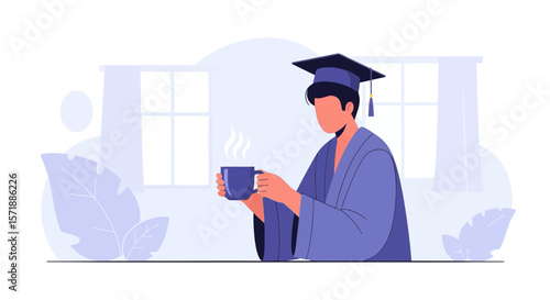 Graduate Enjoying Hot Beverage After Accomplishment In Academic Gown And Mortarboard