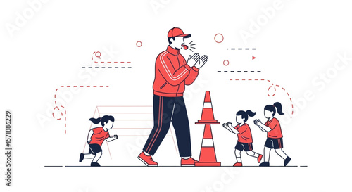 Enthusiastic Coach Guides Young Athletes During Training Session With Motivation