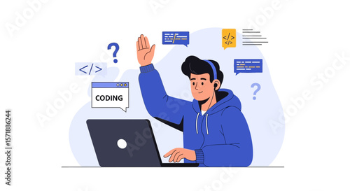 Enthusiastic Coder Raising Hand During Online Programming Lesson At Home Setting