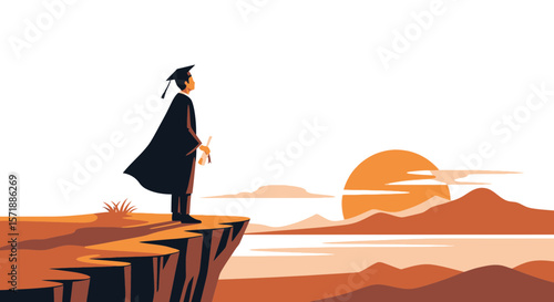 Graduate Gazing Towards Future Aspirations On Mountain Peak At Sunset