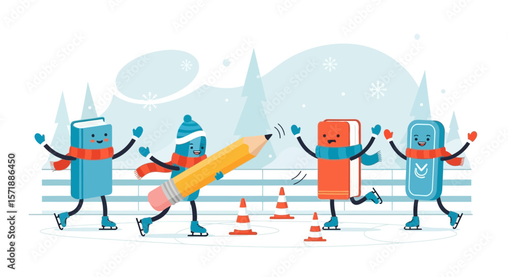 Obraz premium Books And Pencil Winter Fun: Ice Skating Adventures With Educational Characters