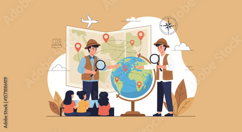 Enthusiastic Geographers Exploring The World Map And Globe With Children Education