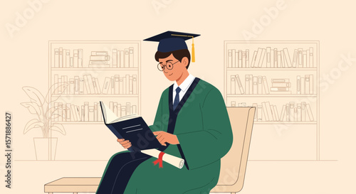 Graduate In Academic Gown Reads Textbook In Front Of A Bookshelf