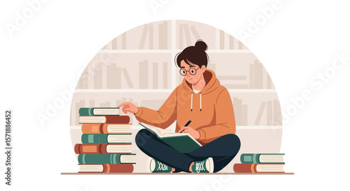 Concentrated Young Student Learning Studying With Pile Of Books In Library