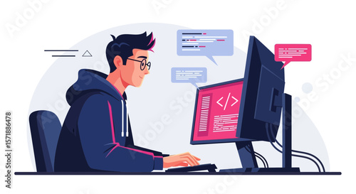 Developer Working On Computer At Desk Writing Code For New Application