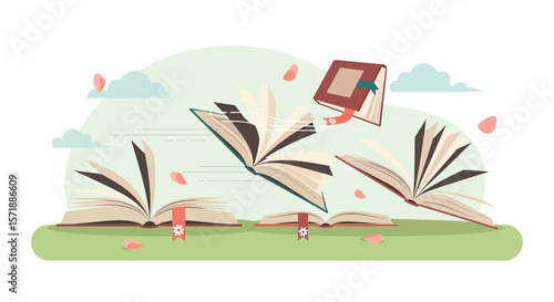 Books In The Wind Symbolizing The Flow Of Information And Literary Imagination