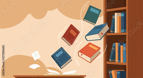 Bookshelf Overflow Illustration With Flying Books And Papers In A Library Setting