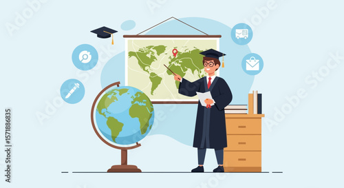 Graduate Professor Demonstrating World Geography On A Map Ready To Teach Student