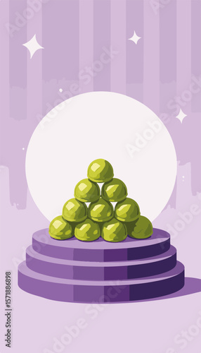Pyramid of lime foil chocolates on a purple stage with geometric background, luxury gift concept.