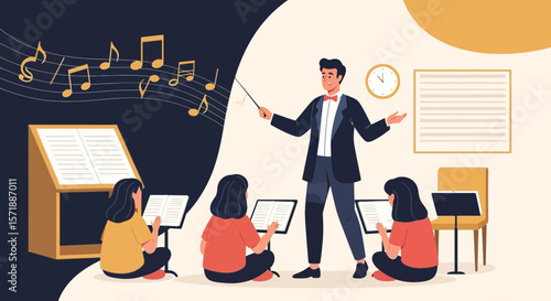 Conducting Musical Harmony Instructor Leading Orchestra Rehearsal Classroom