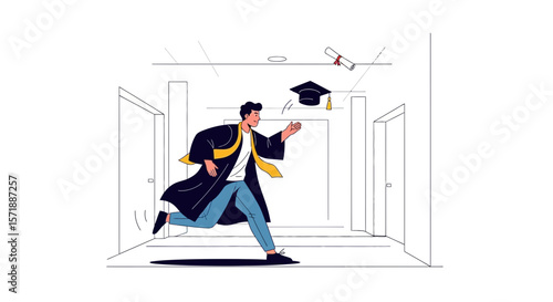 Graduate Student Celebrating Graduation From College Running Down Hallway With Joy