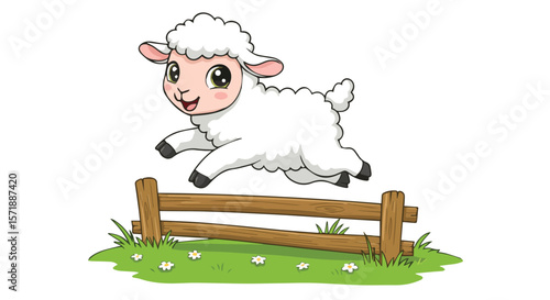 Cute Cartoon Lamb Jumping Over Fence on Green Meadow