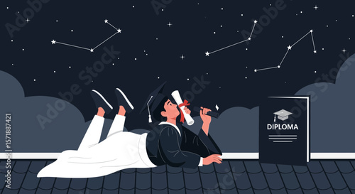 Graduate Student Gazing At Constellations Graduation Achievement And Future Dreams