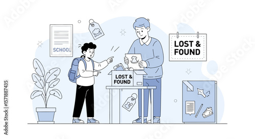 Boy Reporting Lost Item To Attendant At School Lost And Found Department