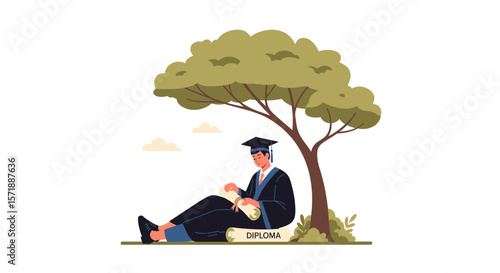 Graduate Student Relaxing Under A Tree After Graduation Ceremony Celebration