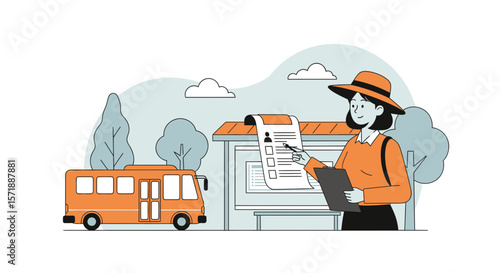 Bus Route Planner At Station With Checklist And Passenger Manifest Illustration