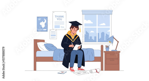 Graduate Writing Thank You Notes At Home After His University Graduation