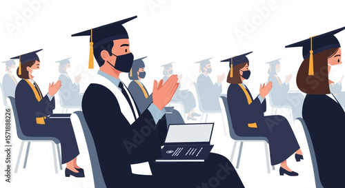 Graduates In Masks Celebrating Graduation Ceremony During Pandemic New Normal Era