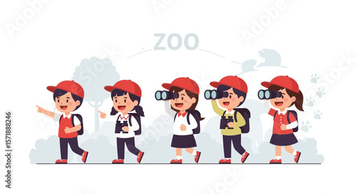 Excited Youngsters On A Field Trip To The Zoo, Using Binoculars For Observing Wildlife