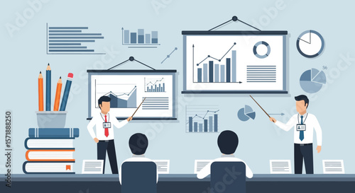 Business Presentation In Conference Room Showing Graphs And Financial Data