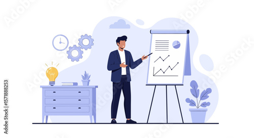 Business Presentation Man Explaining Company Data on Flipchart Illustration