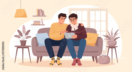 Cozy Couple Relaxing And Browsing On Tablet At Home Together