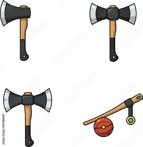 Collection of Various Axes and Hatchets.
Lumberjack and Survival Tools Vector Set.
Set of Different Axe Types: Double-bitted, Tomahawk, and more.