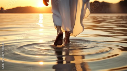 Jesus Christ walking away on water of lake at sunrise, view of feet and splashes, concept of holy bible, miracle, faith and inspiration.