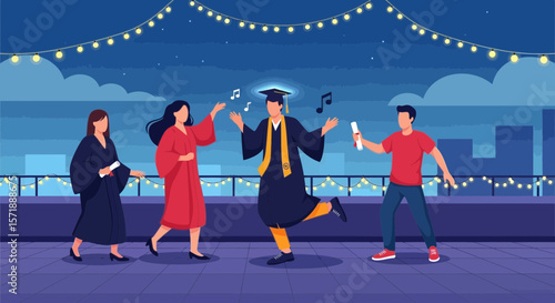 Graduation Celebration At Night Party With Students On A Rooftop Terrace