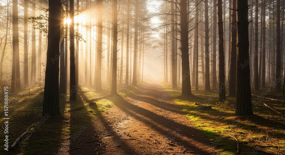 Obraz premium Sunlight streams through the trees in a dense forest casting long shadows on the ground in the morning