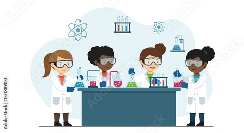Diverse Students Conduct Science Experiment Cartoon Vector Illustration