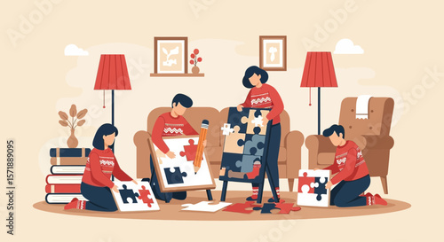 Family Assembling Jigsaw Puzzle Together At Home In Cozy Living Room