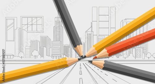 Creating Urban Landscapes Colorful Pencils Depicting Modern Cityscape with Architectural Lines